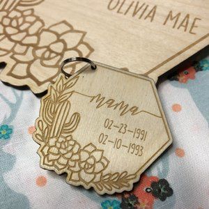Custom Mama Birth Dates Keychain Succulent Design